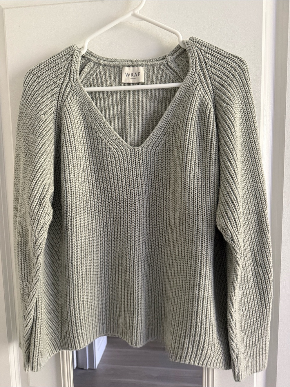 Wrap London Chunky Ribbed Cotton V-Neck Sweater, Sage Green Gray, US 10